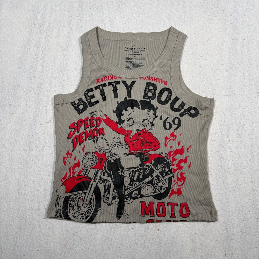 Betty Boop Speed Demon Moto Club Ribbed Tank Top Grey Red Graphic Size M